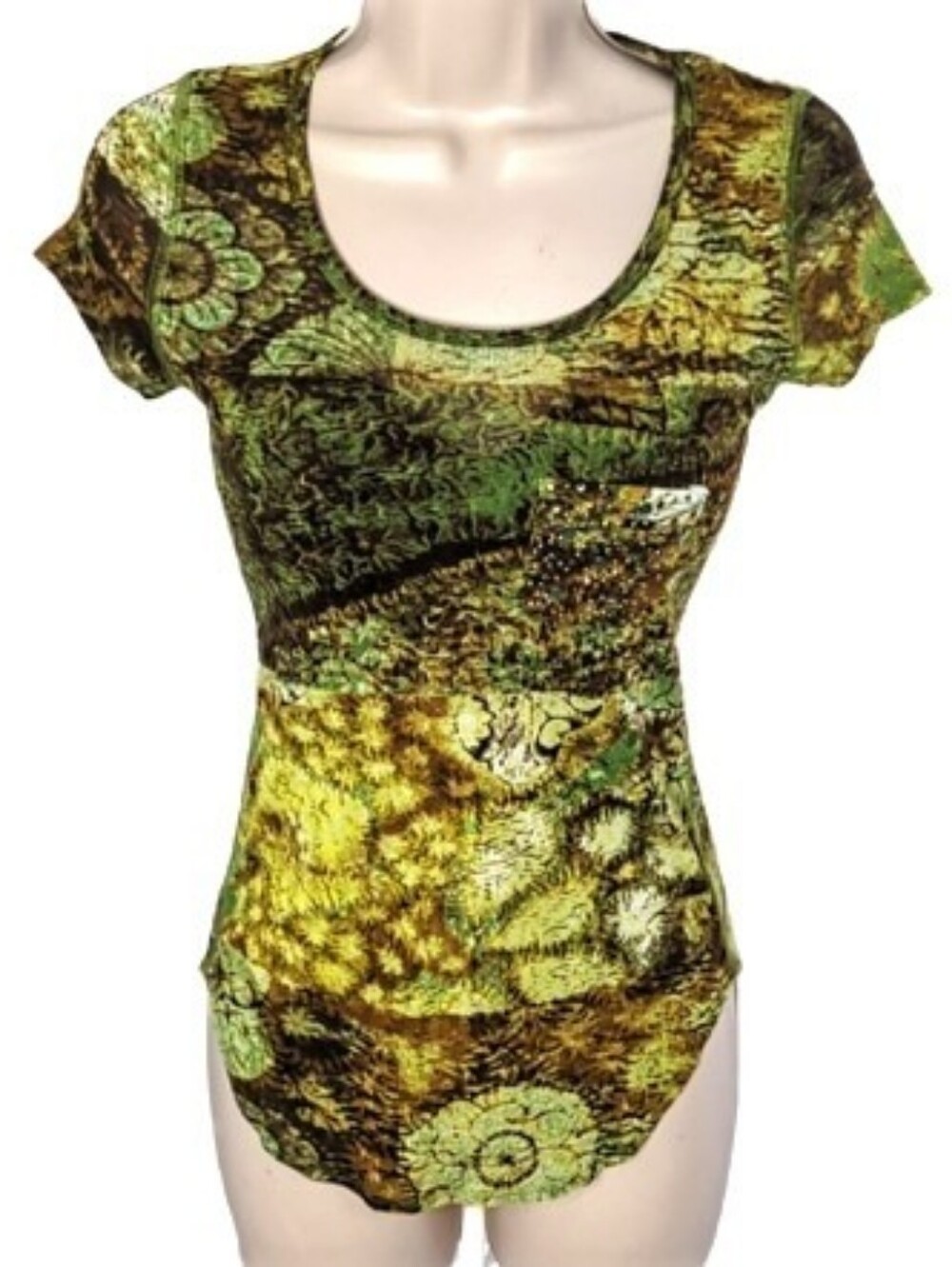 Karen Kane Green Forest Fairy Grunge Embellished Burnout Mesh Top Small
